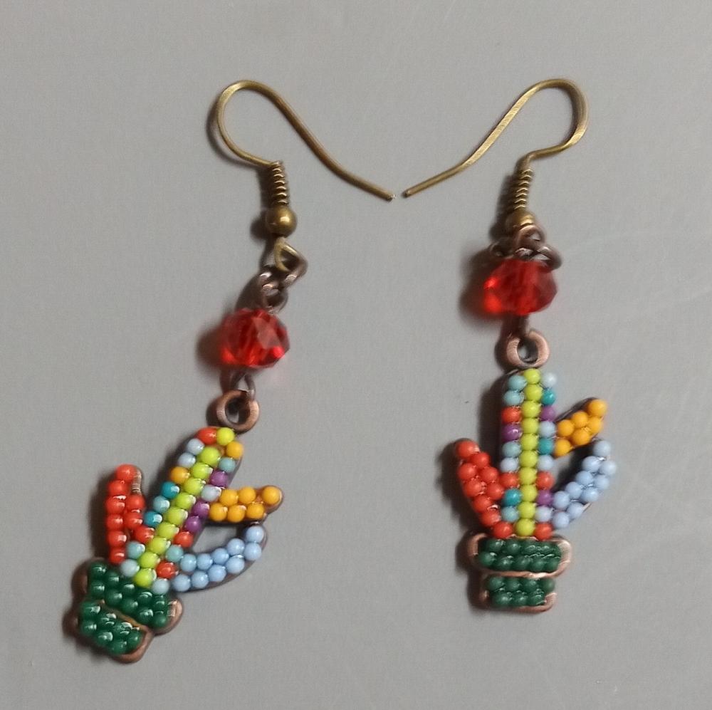 Colorful Beaded Cactus Dangle Earrings NEW